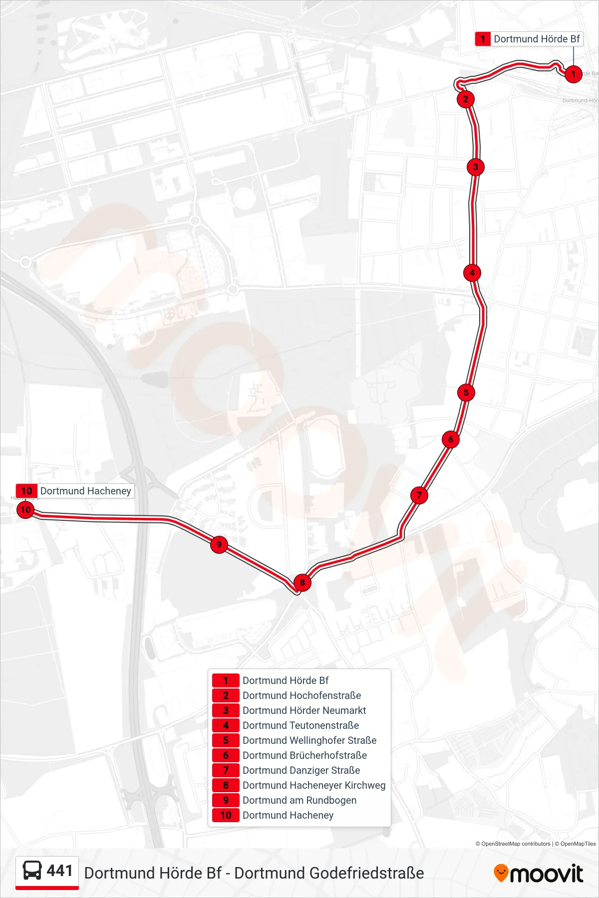 Linie 441 (Bus) Richtung Dortmund Hacheney: Route und Haltestellen auf der Karte