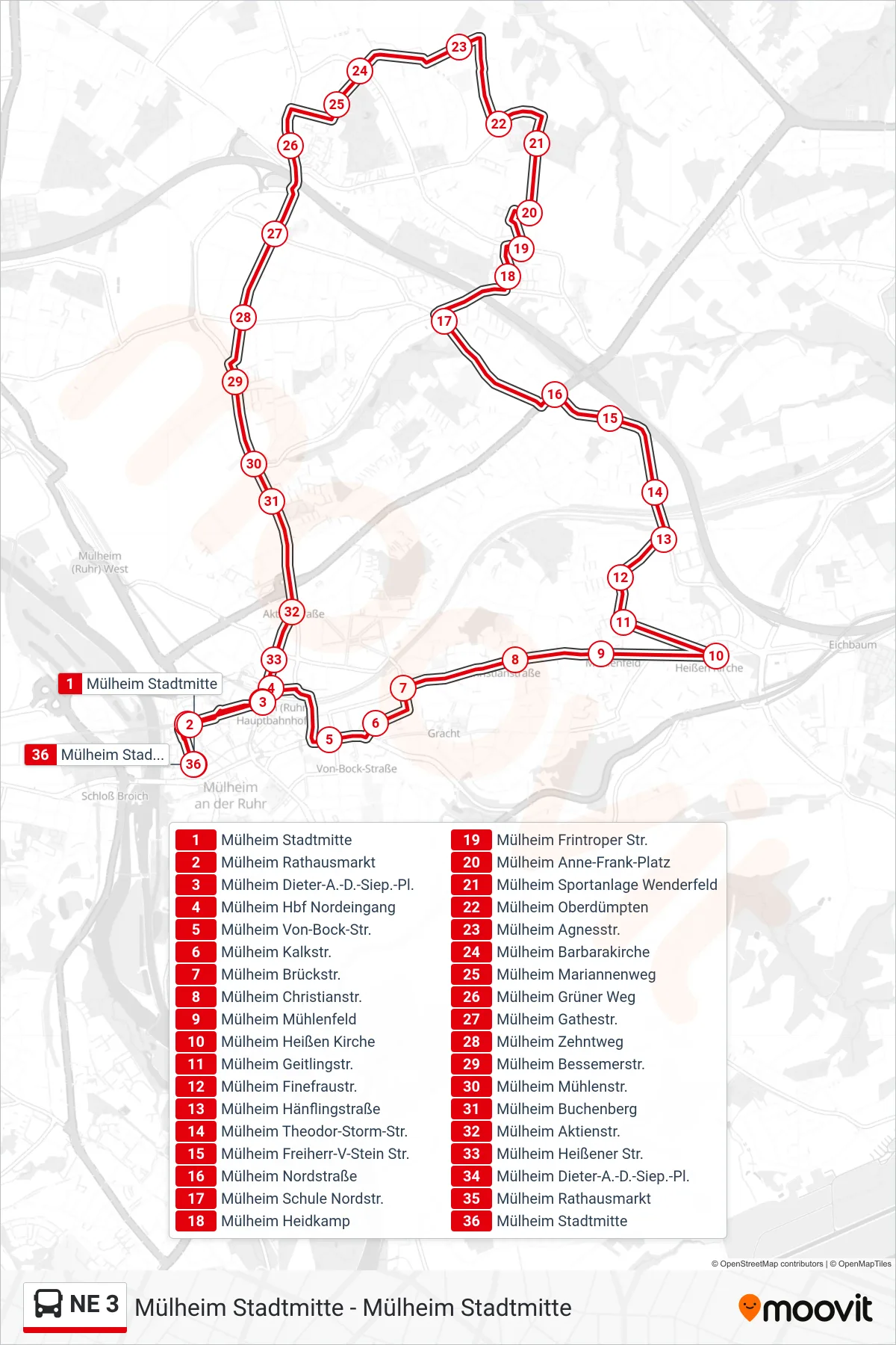 Linie NE 3 (Bus) Richtung Mülheim Stadtmitte: Route und Haltestellen auf der Karte