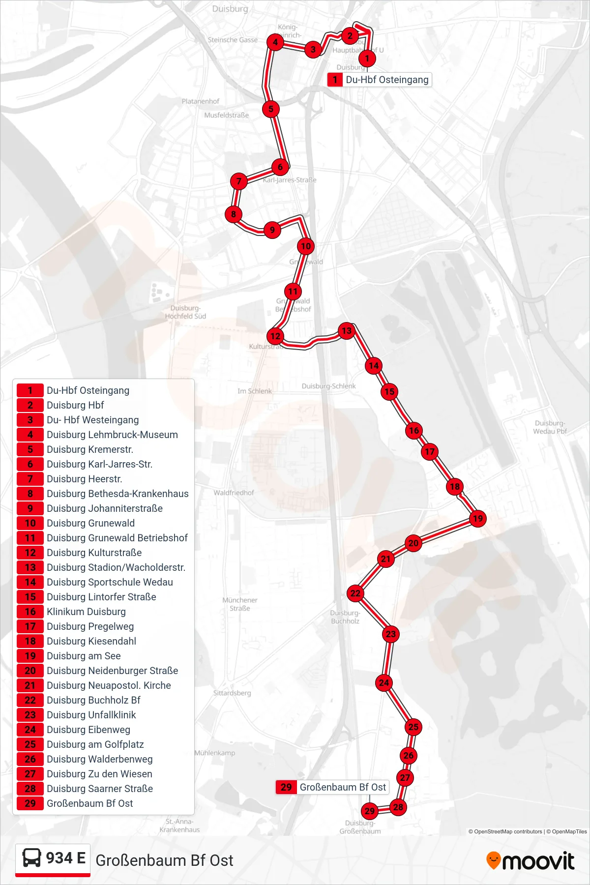 Linie 934 E (Bus) Richtung Großenbaum Bf Ost: Route und Haltestellen auf der Karte