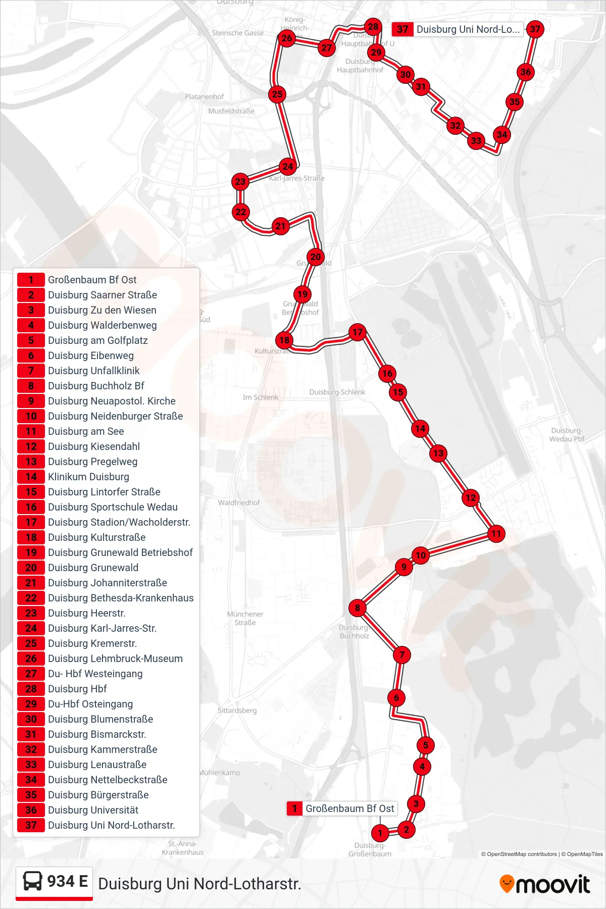 Linie 934 E (Bus) Richtung Duisburg Uni Nord-Lotharstr.: Route und Haltestellen auf der Karte