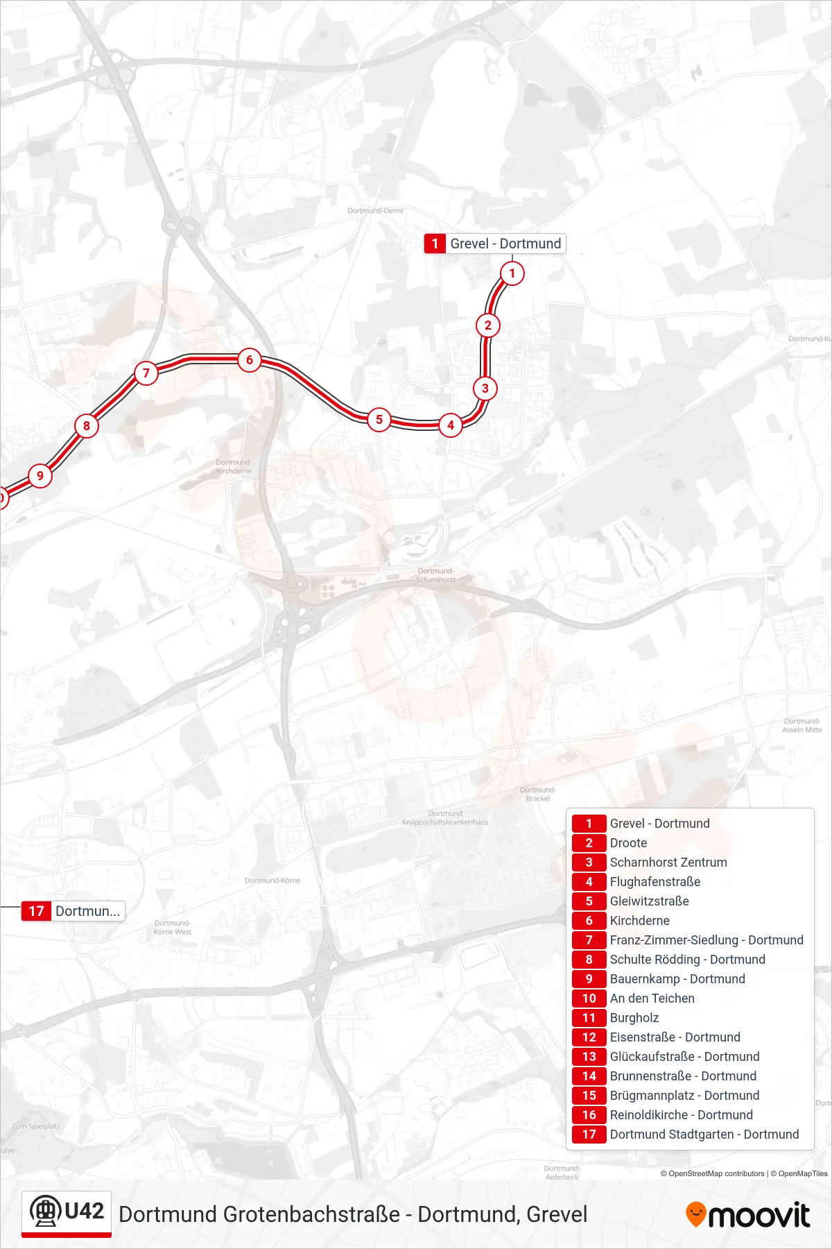 Linie U42 (U-Bahn) Richtung Dortmund Stadtgarten: Route und Haltestellen auf der Karte