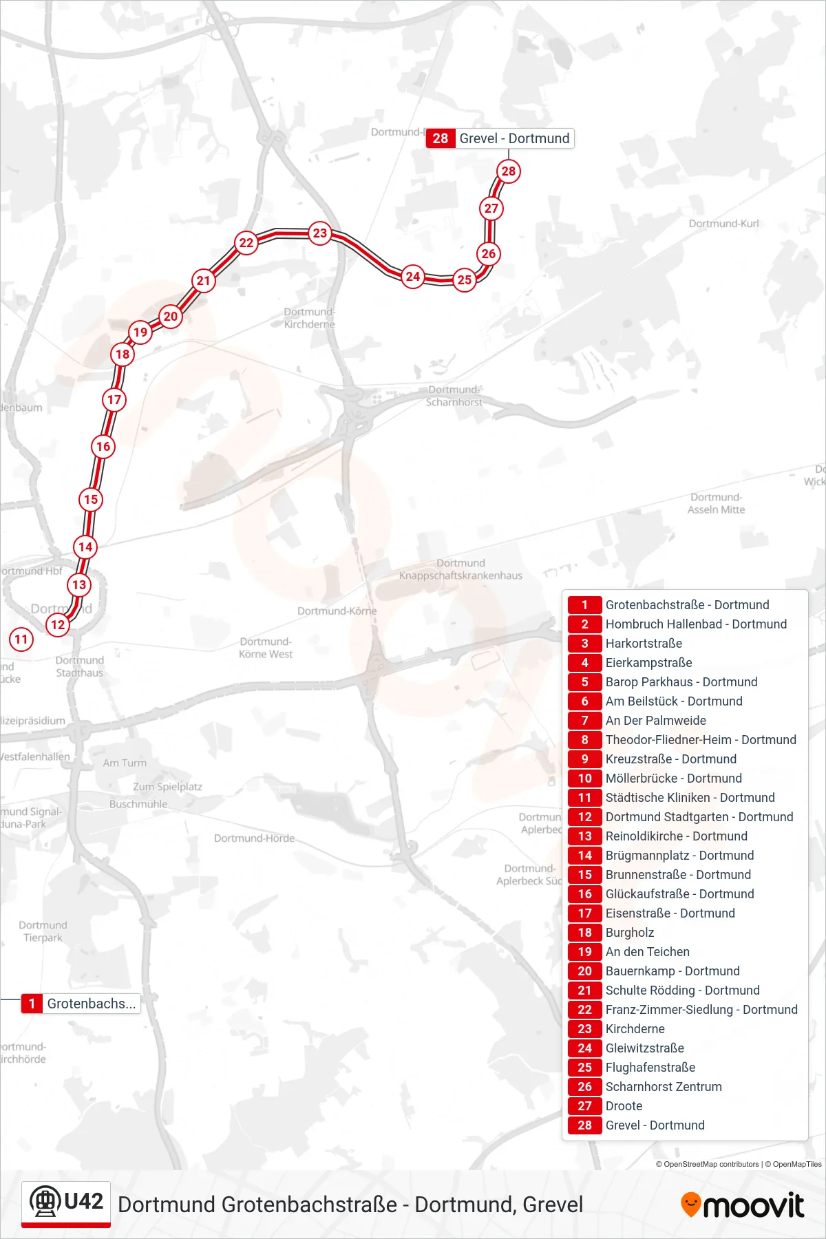 Linie U42 (U-Bahn) Richtung Dortmund, Grevel: Route und Haltestellen auf der Karte