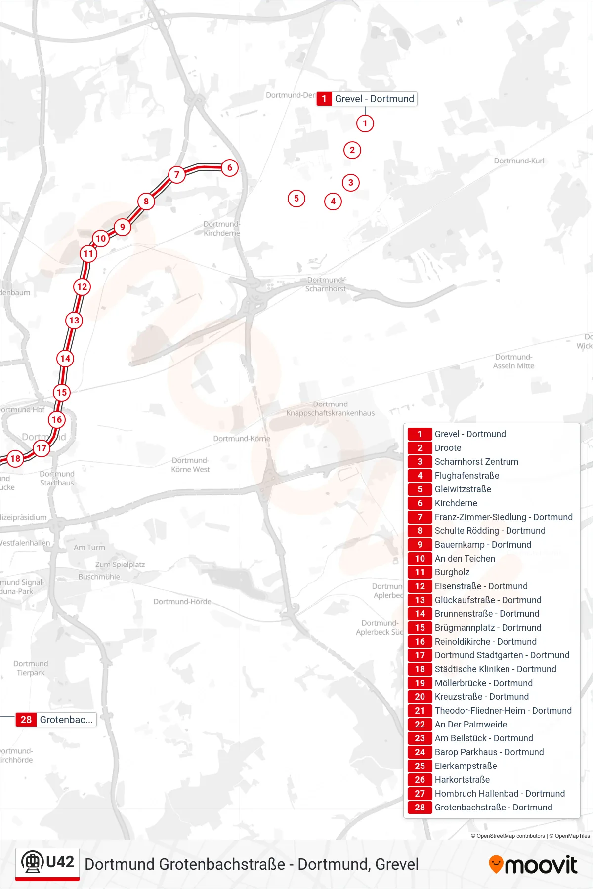 Linie U42 (U-Bahn) Richtung Dortmund Grotenbachstraße: Route und Haltestellen auf der Karte