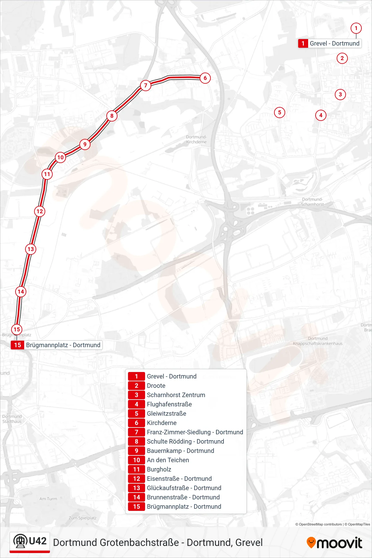Linie U42 (U-Bahn) Richtung Dortmund Brügmannplatz: Route und Haltestellen auf der Karte