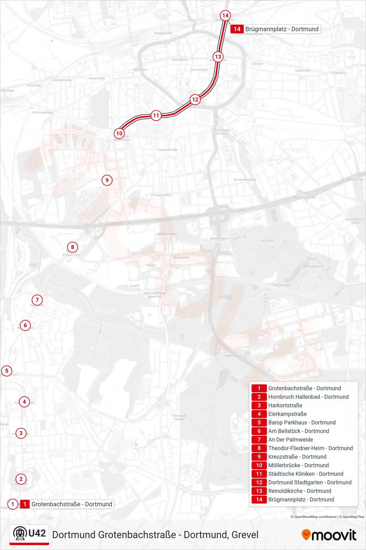 U42 subway Line (Dortmund Brügmannplatz) route and stops on a map