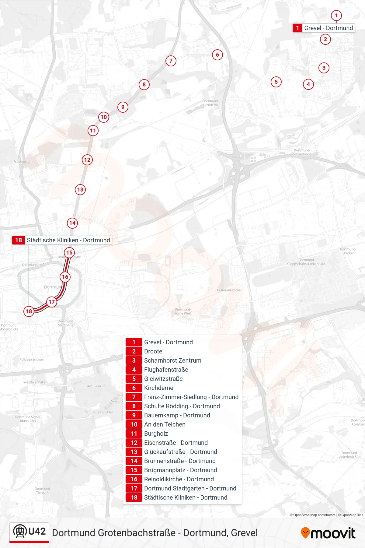 U42 subway Line (Dortmund Städtische Kliniken) route and stops on a map