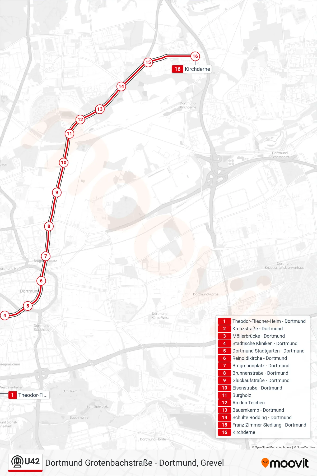 Linie U42 (U-Bahn) Richtung Dortmund Kirchderne: Route und Haltestellen auf der Karte