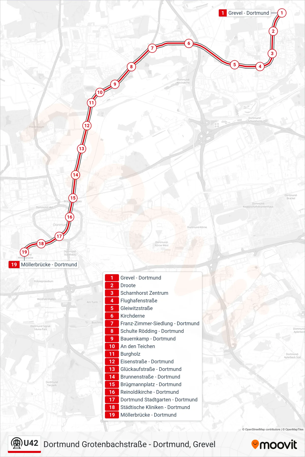 U42 subway Line (Dortmund Möllerbrücke) route and stops on a map
