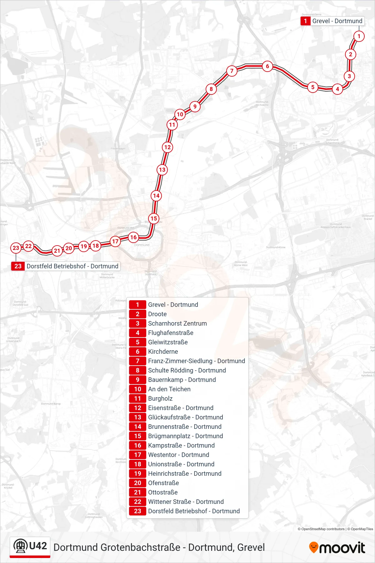 Linie U42 (U-Bahn) Richtung Dortmund Dorstfeld Betriebshof: Route und Haltestellen auf der Karte
