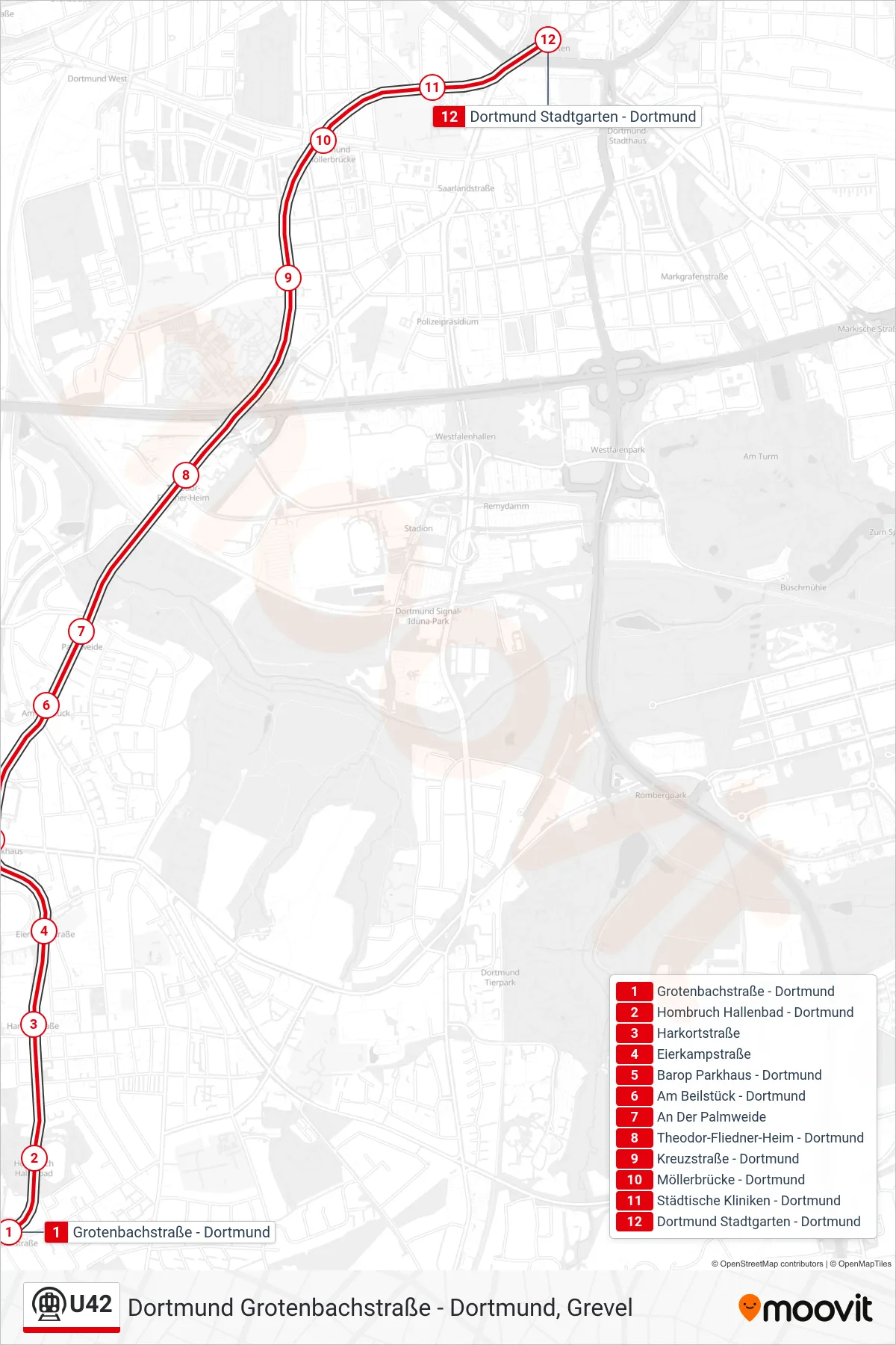 U42 subway Line (Dortmund Stadtgarten) route and stops on a map