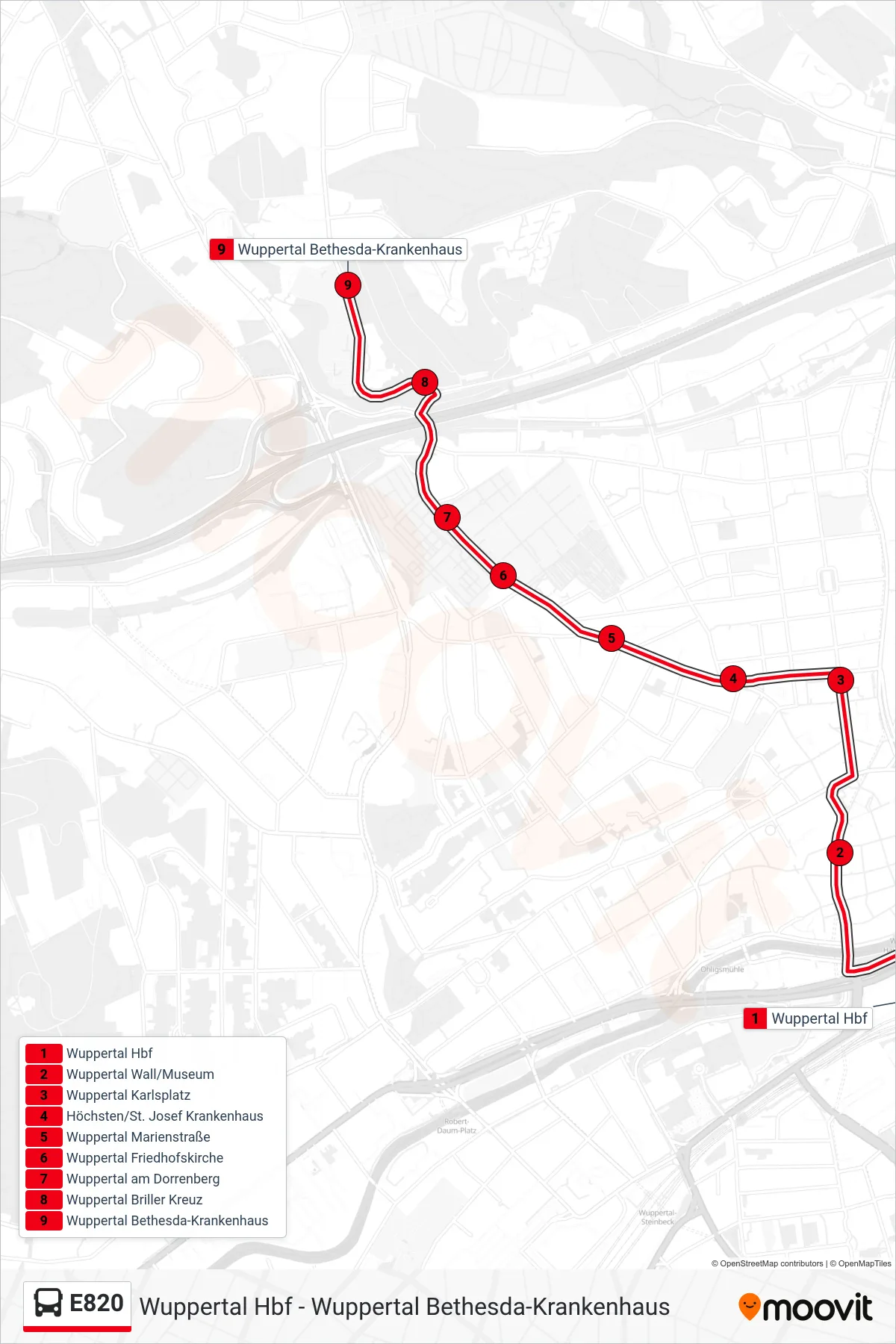Linie E820 (Bus) Richtung Wuppertal Bethesda-Krankenhaus: Route und Haltestellen auf der Karte