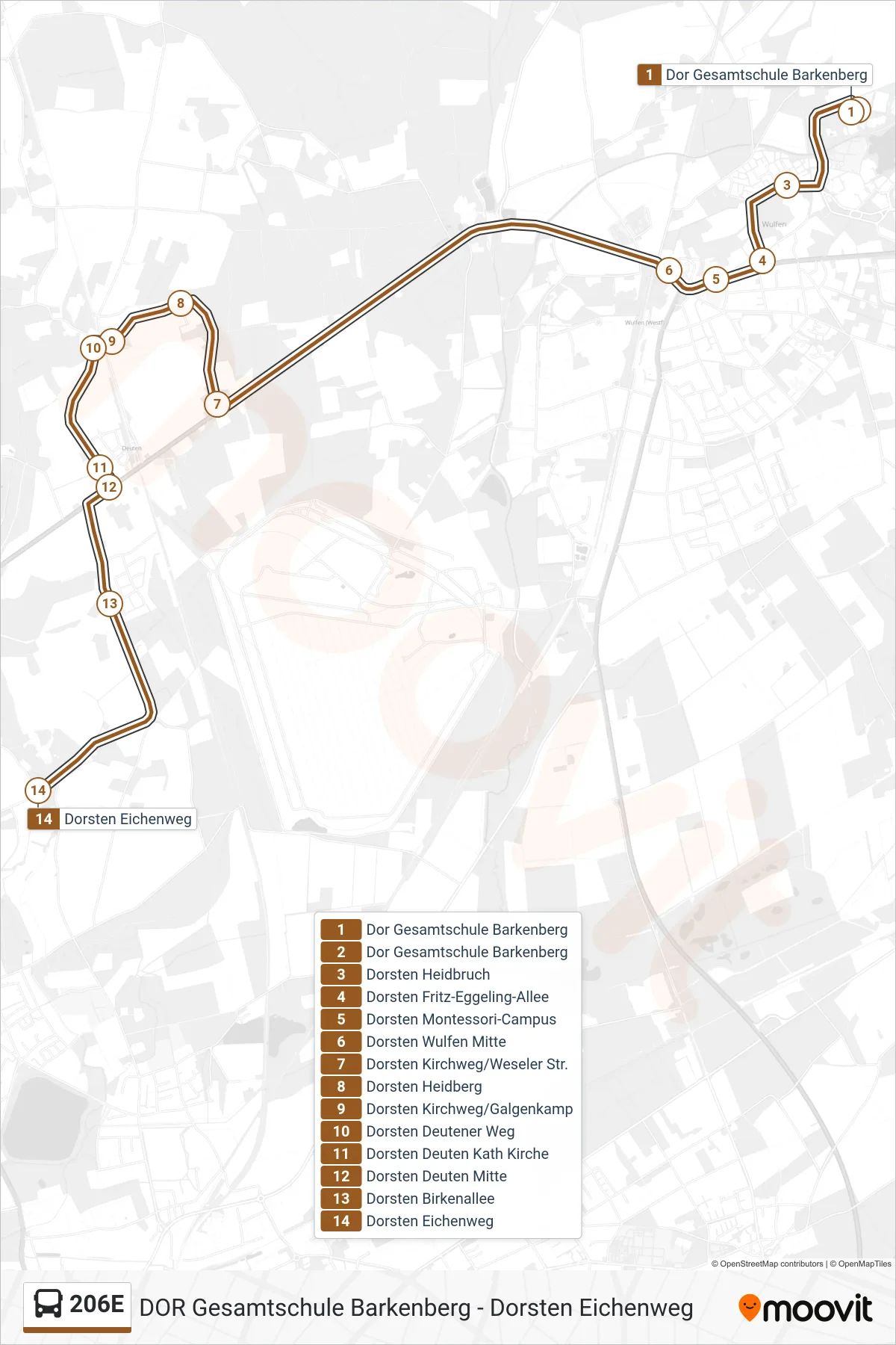 Linie 206E (Bus) Richtung Dorsten Eichenweg: Route und Haltestellen auf der Karte