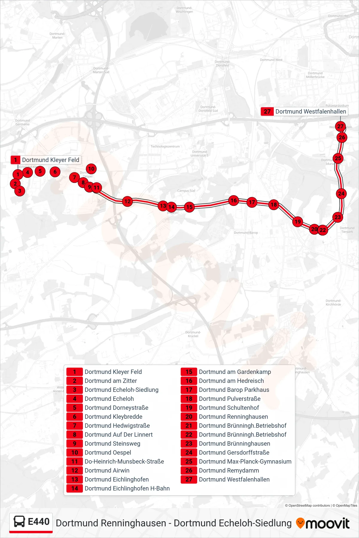 Linie E440 (Bus) Richtung Dortmund Westfalenhallen: Route und Haltestellen auf der Karte