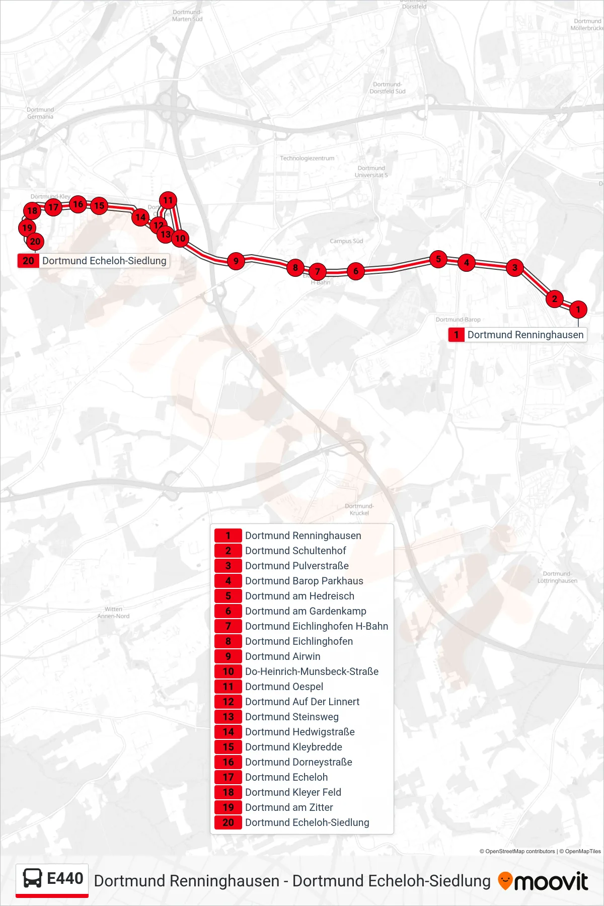 E440 bus Line (Dortmund Echeloh-Siedlung) route and stops on a map