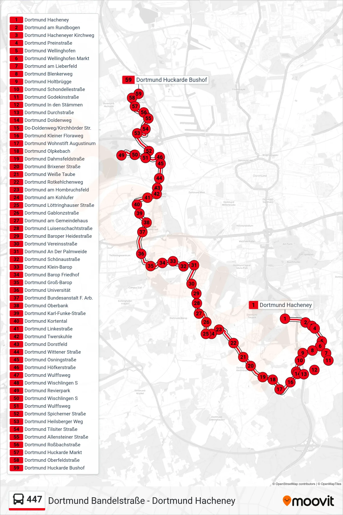 447 bus Line (Dortmund Huckarde Bushof) route and stops on a map