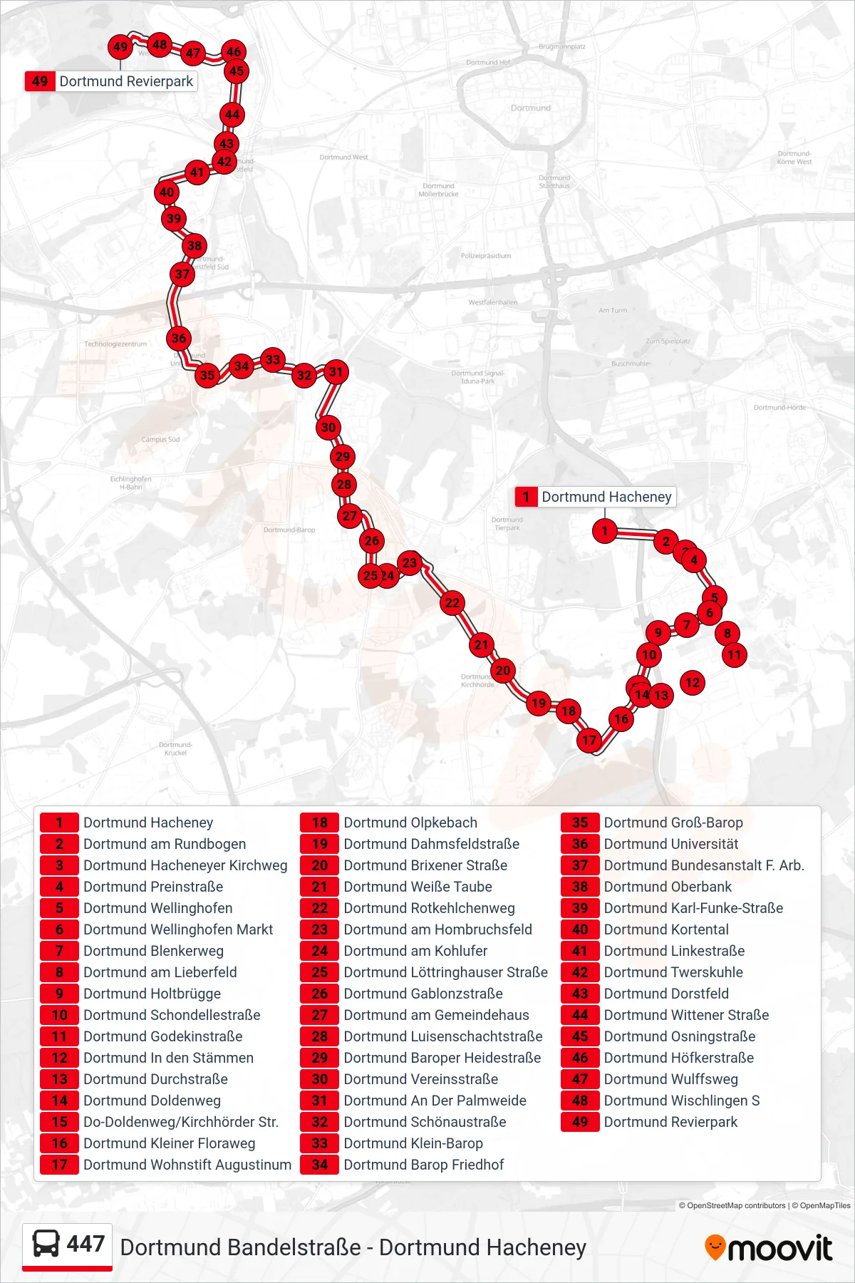 447 bus Line (Dortmund Revierpark) route and stops on a map