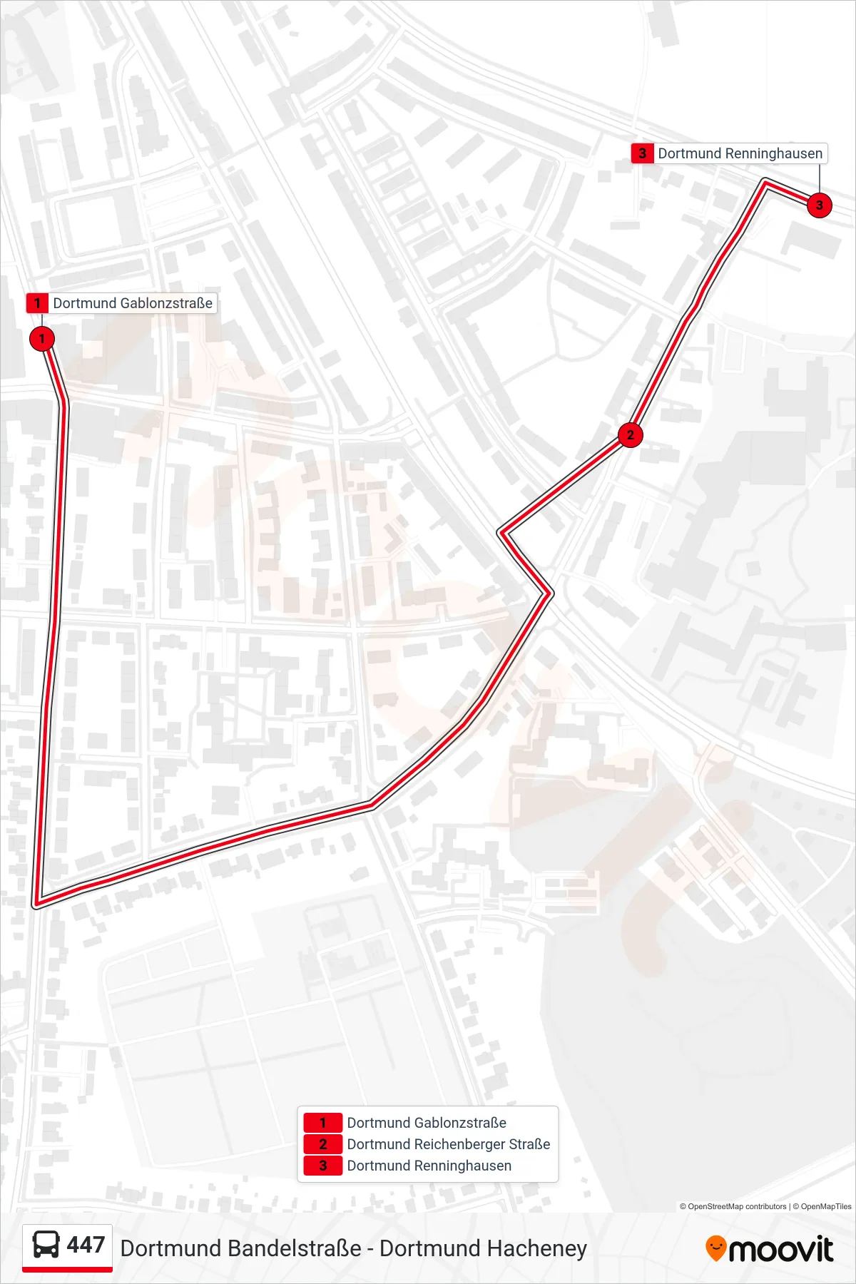 Linie 447 (Bus) Richtung Dortmund Renninghausen: Route und Haltestellen auf der Karte