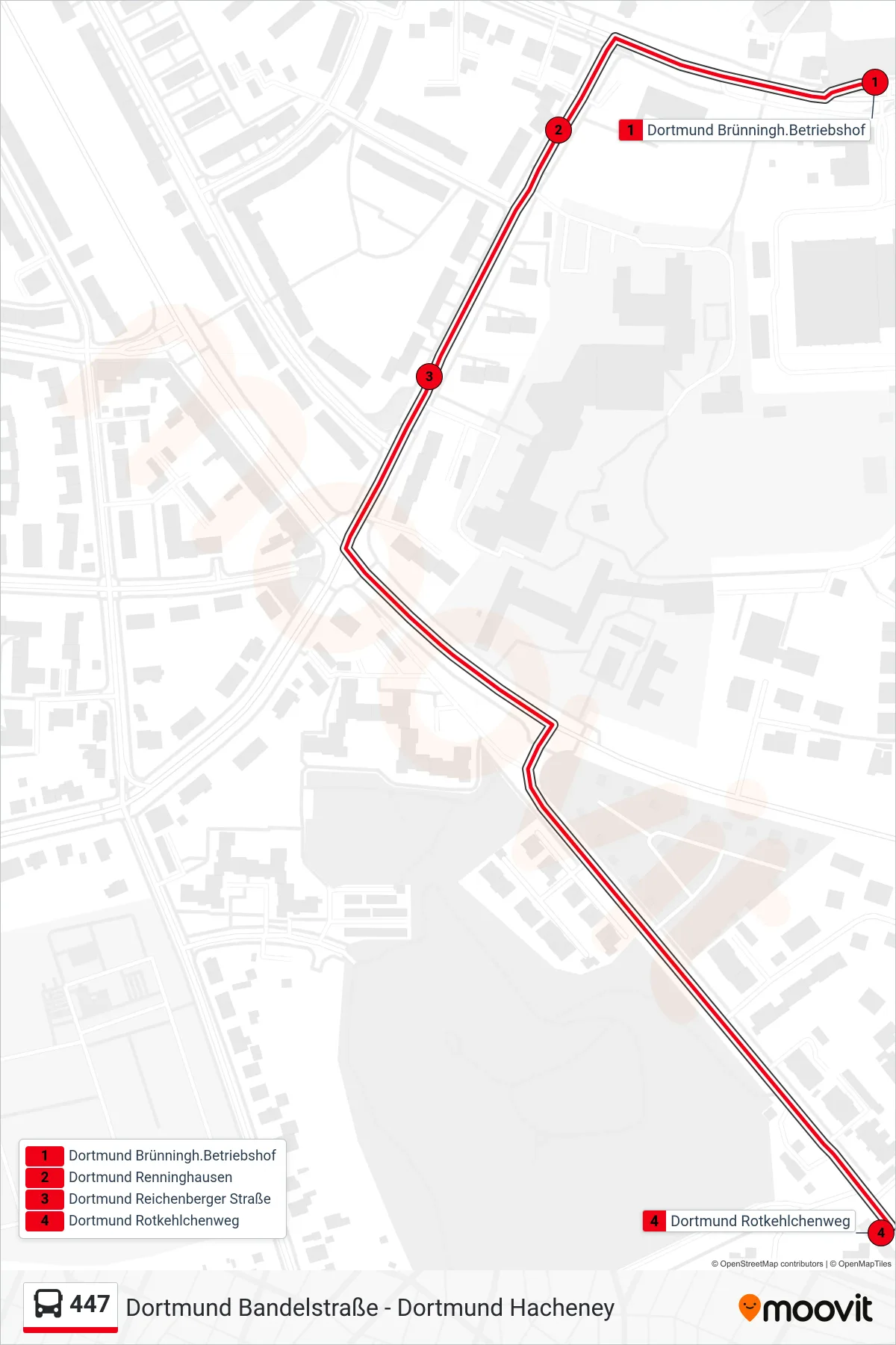 447 bus Line (Dortmund Rotkehlchenweg) route and stops on a map