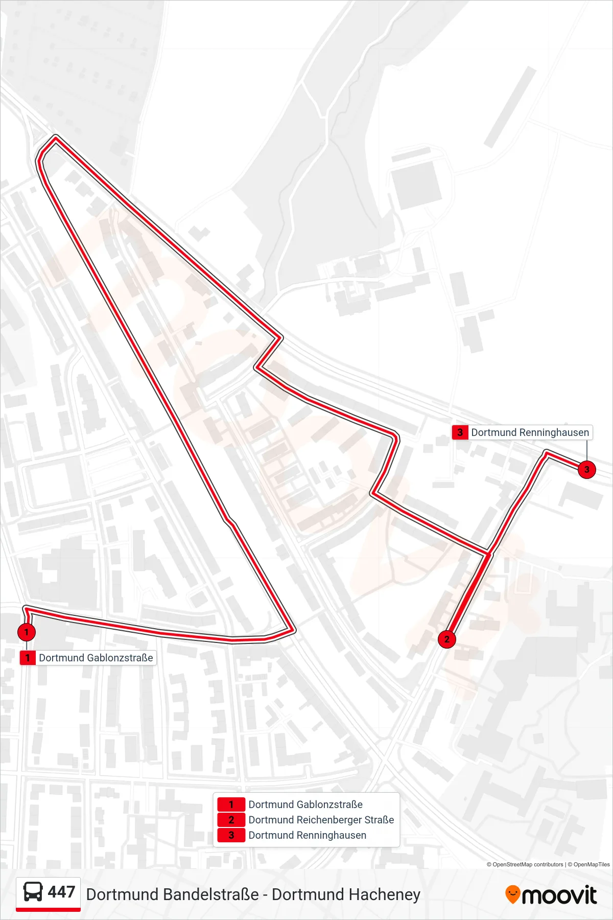 447 bus Line (Dortmund Renninghausen) route and stops on a map