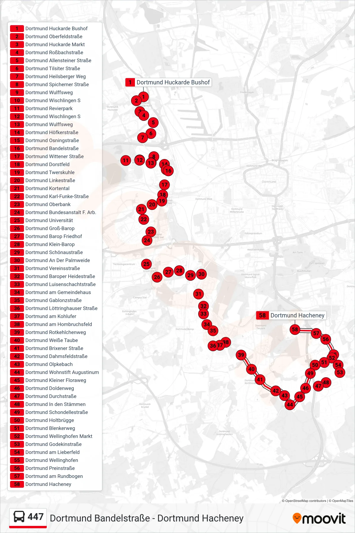 Linie 447 (Bus) Richtung Dortmund Hacheney: Route und Haltestellen auf der Karte