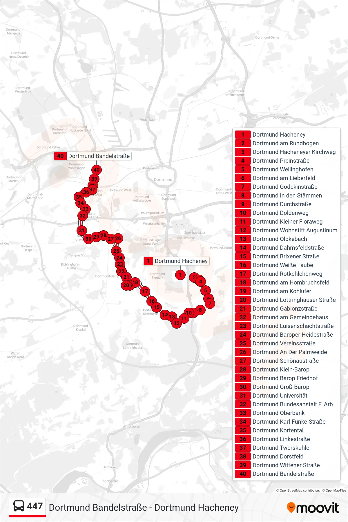 447 bus Line (Dortmund Bandelstraße) route and stops on a map
