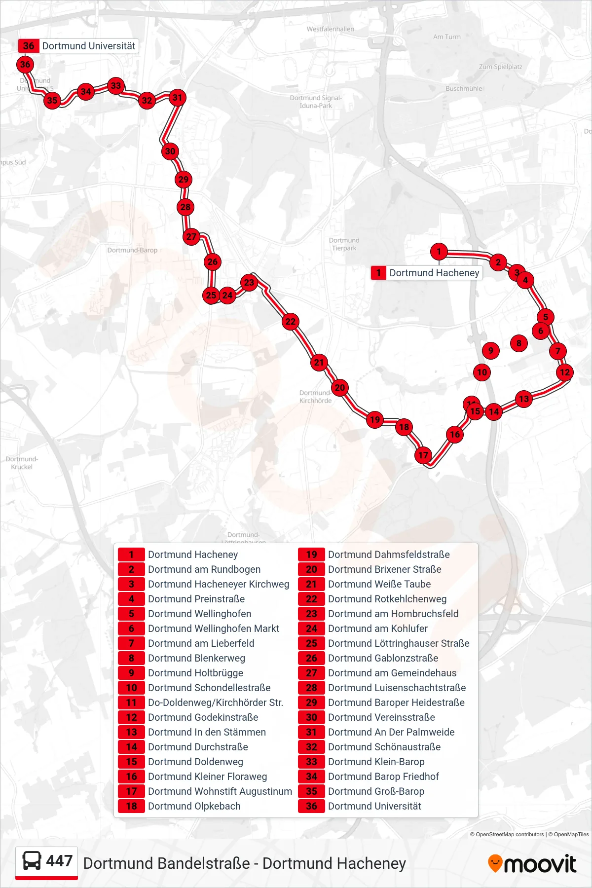 447 bus Line (Dortmund Universität) route and stops on a map