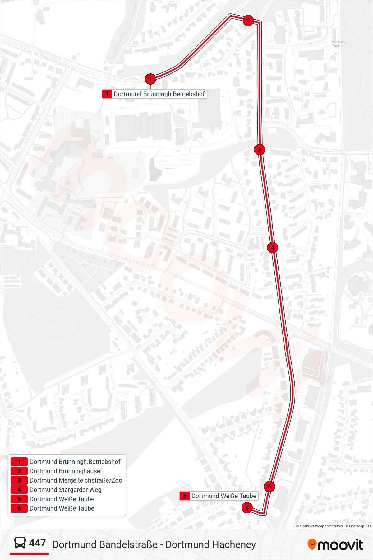 447 bus Line (Dortmund Weiße Taube) route and stops on a map