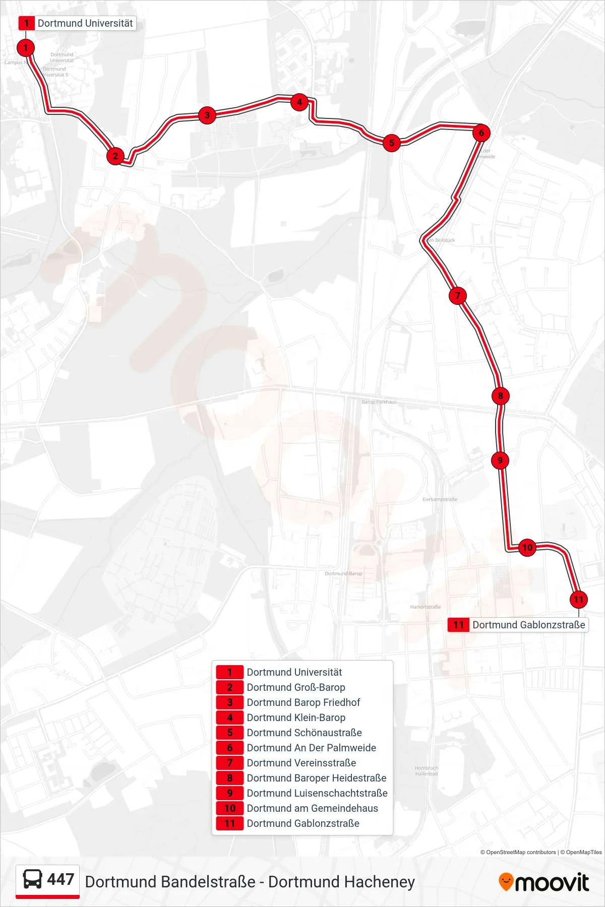 Linie 447 (Bus) Richtung Dortmund Gablonzstraße: Route und Haltestellen auf der Karte