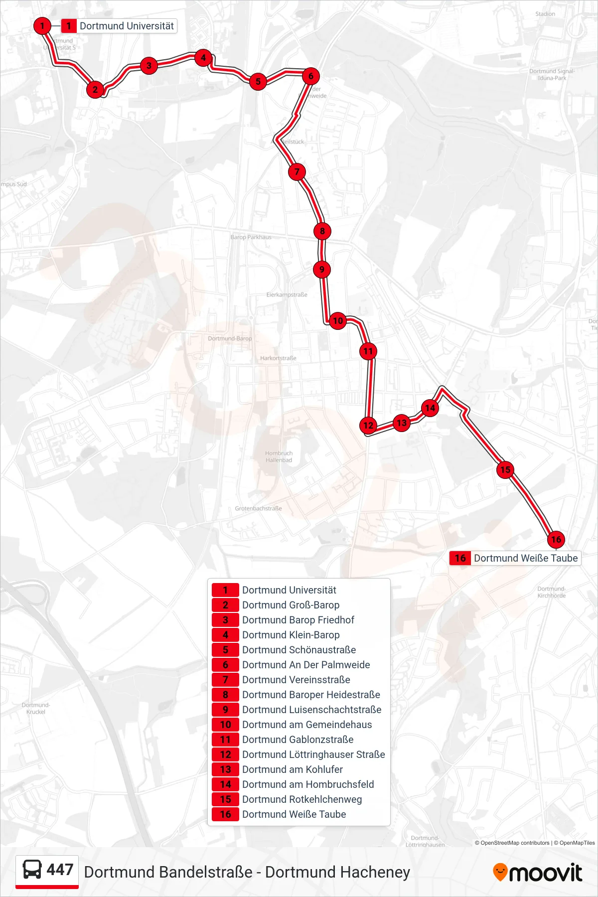 447 bus Line (Dortmund Weiße Taube) route and stops on a map