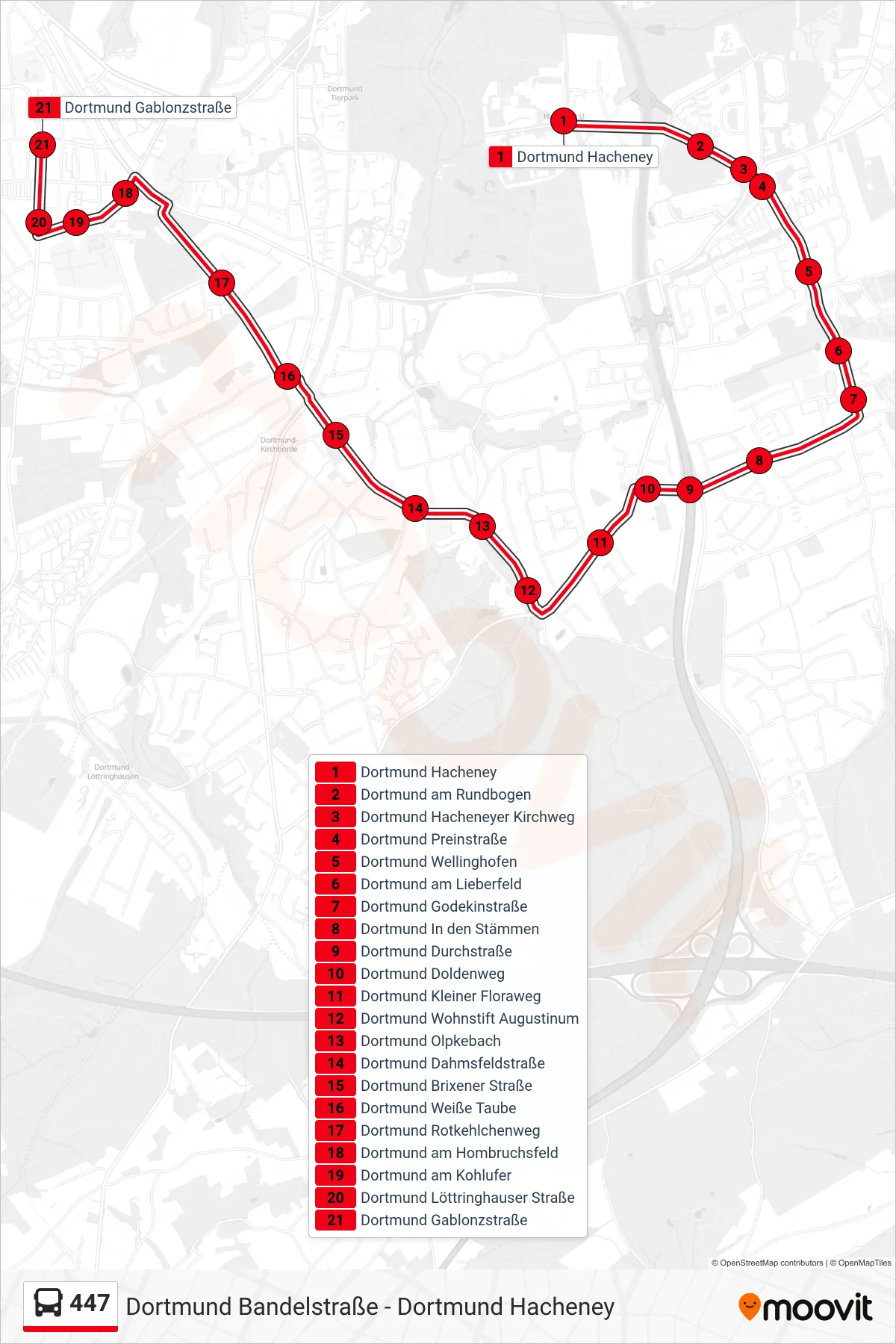 Linie 447 (Bus) Richtung Dortmund Gablonzstraße: Route und Haltestellen auf der Karte