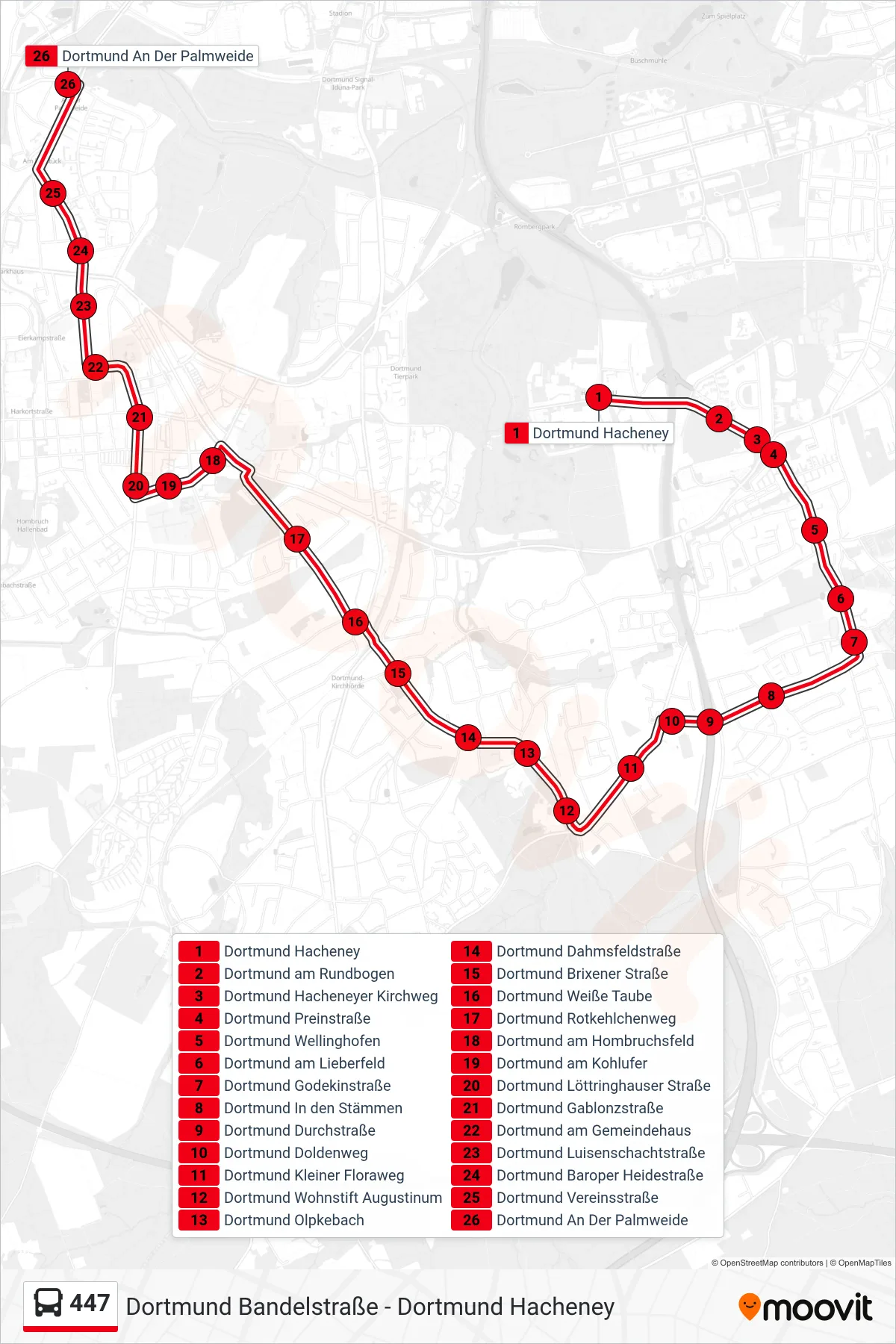 447 bus Line (Dortmund An Der Palmweide) route and stops on a map