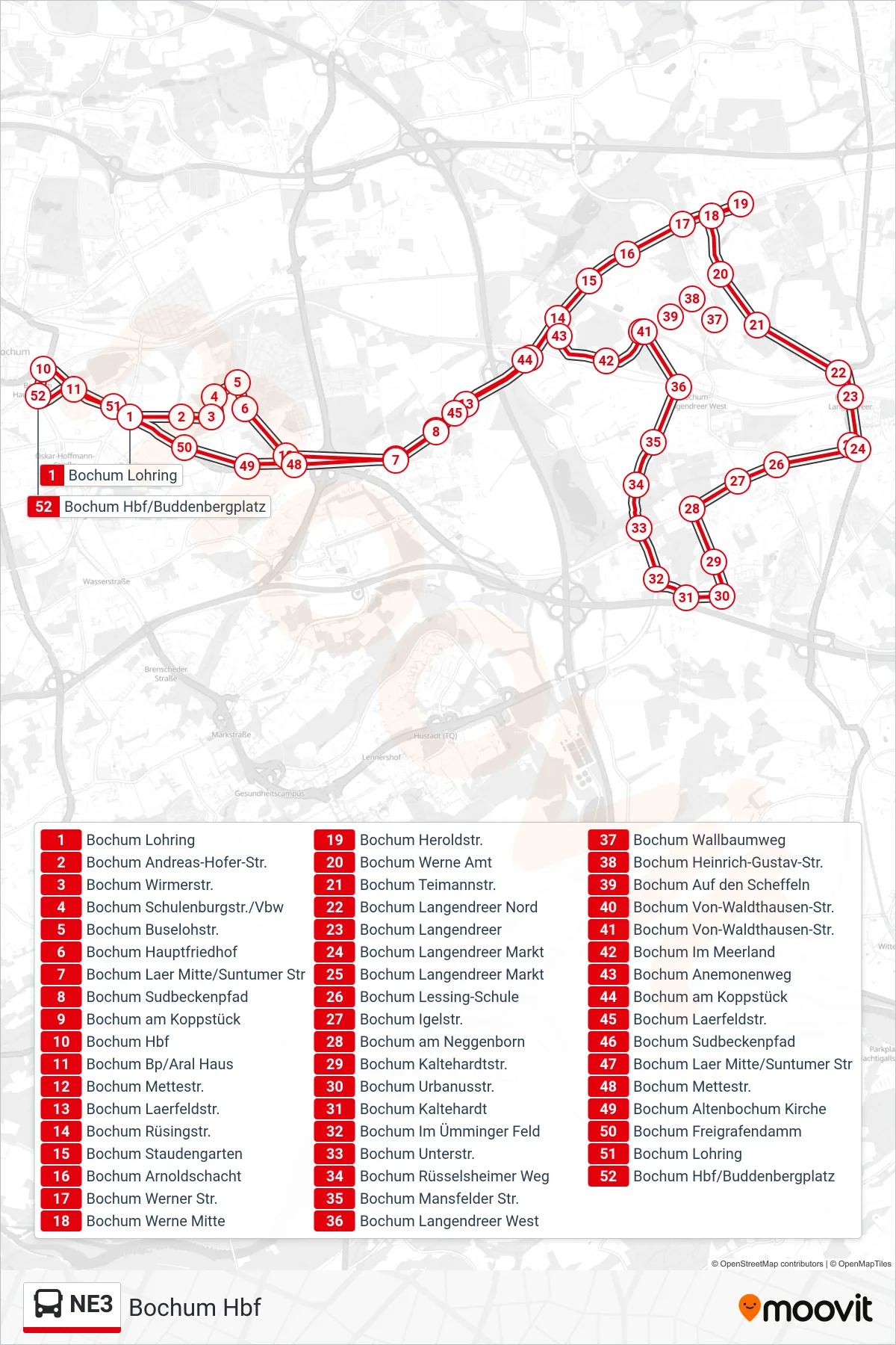 Linie NE3 (Bus) Richtung Bochum Hbf: Route und Haltestellen auf der Karte