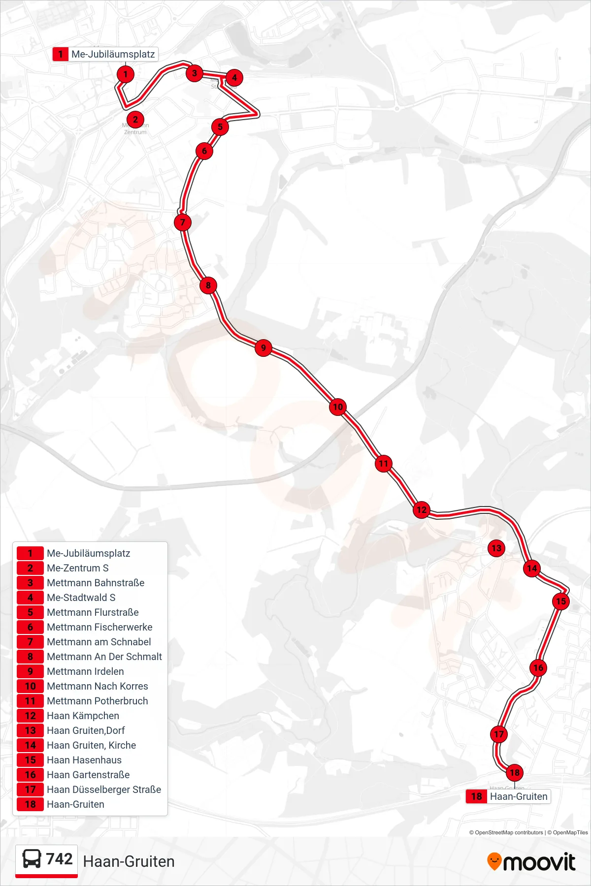 Linie 742 (Bus) Richtung Haan-Gruiten: Route und Haltestellen auf der Karte