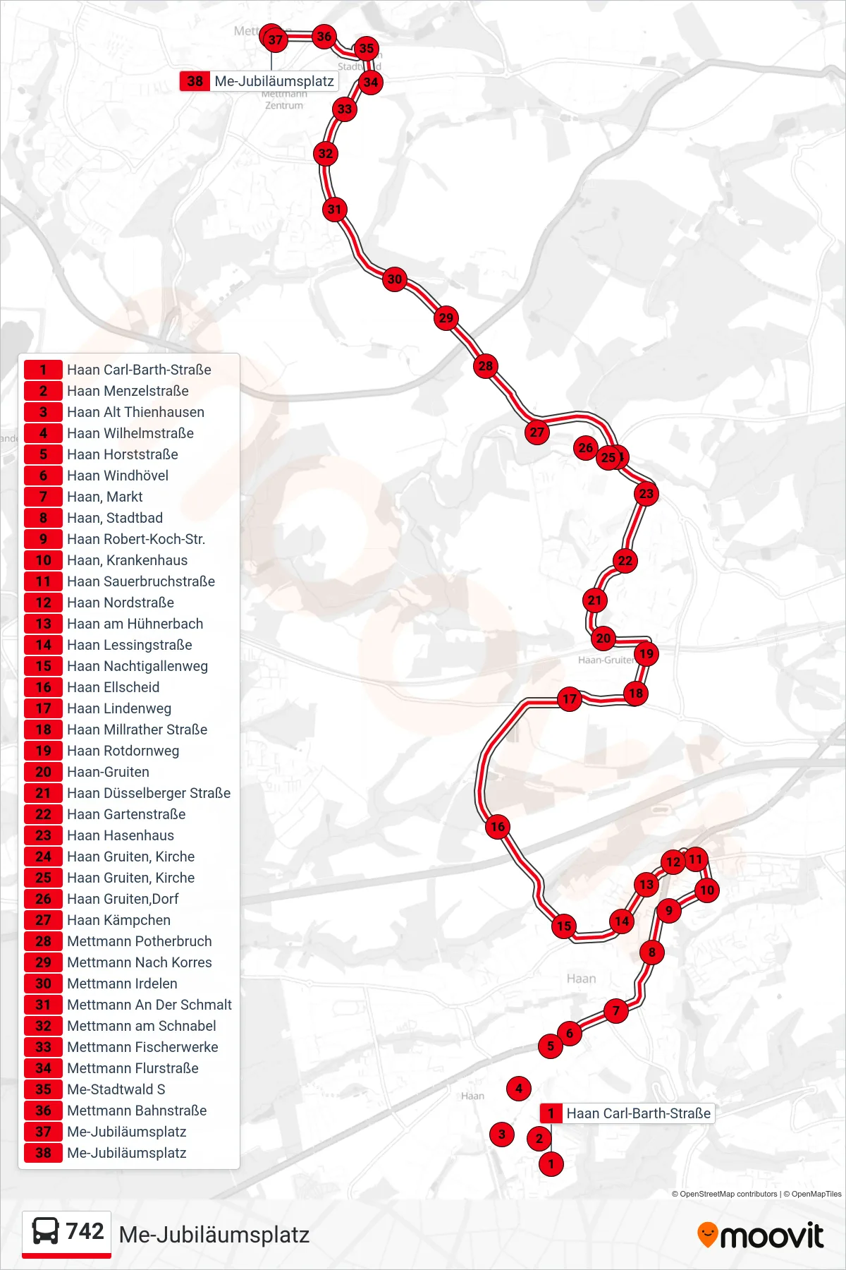 742 bus Line (Me-Jubiläumsplatz) route and stops on a map