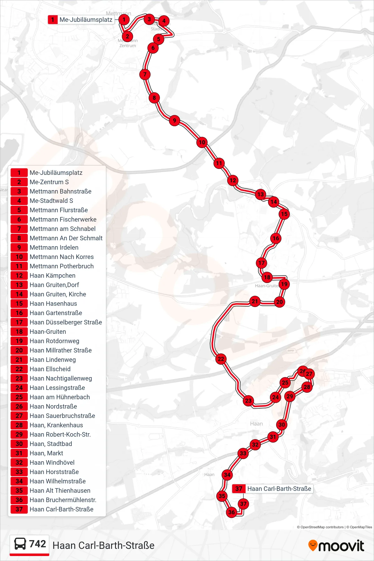 742 bus Line (Haan Carl-Barth-Straße) route and stops on a map