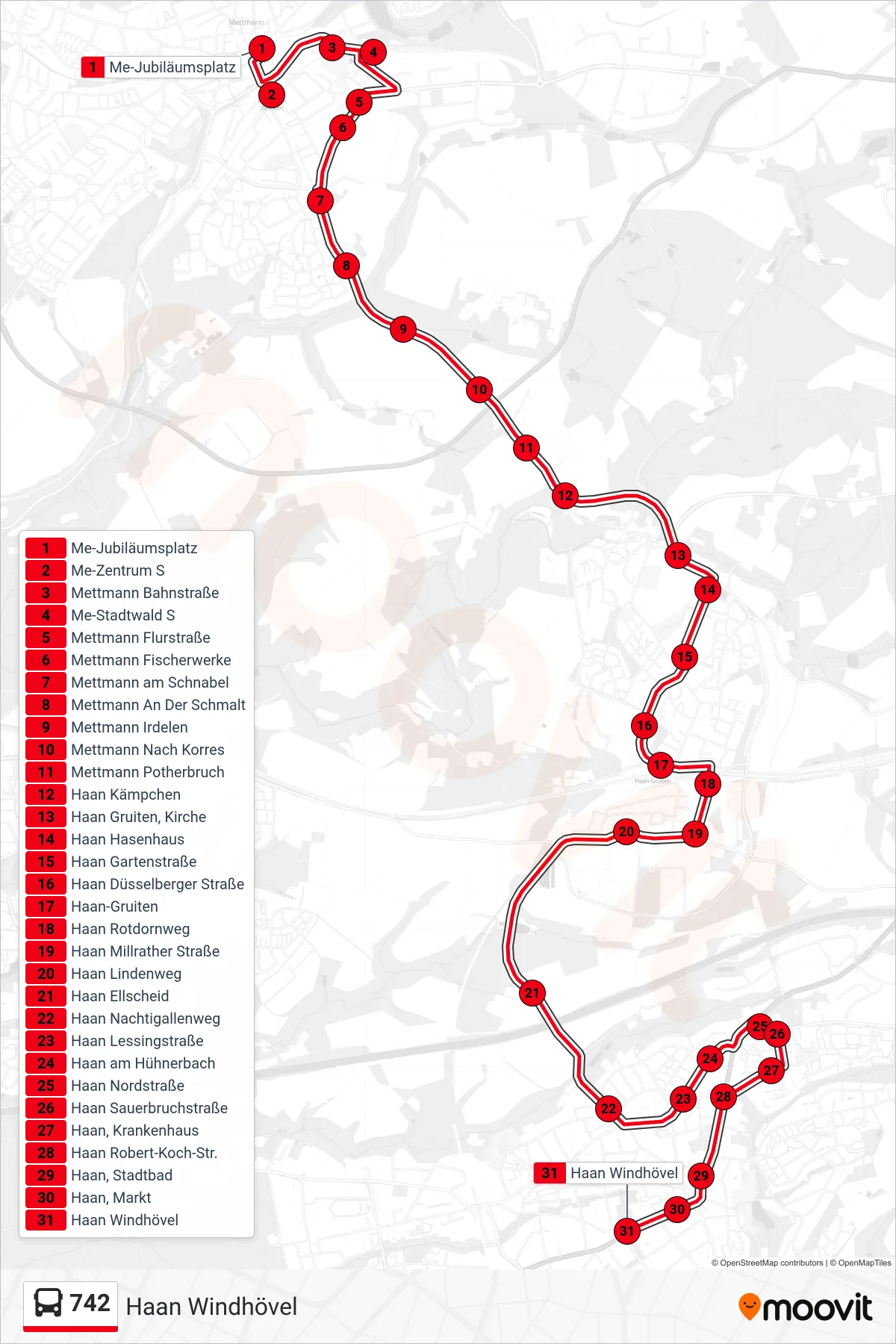 742 bus Line (Haan Windhövel) route and stops on a map