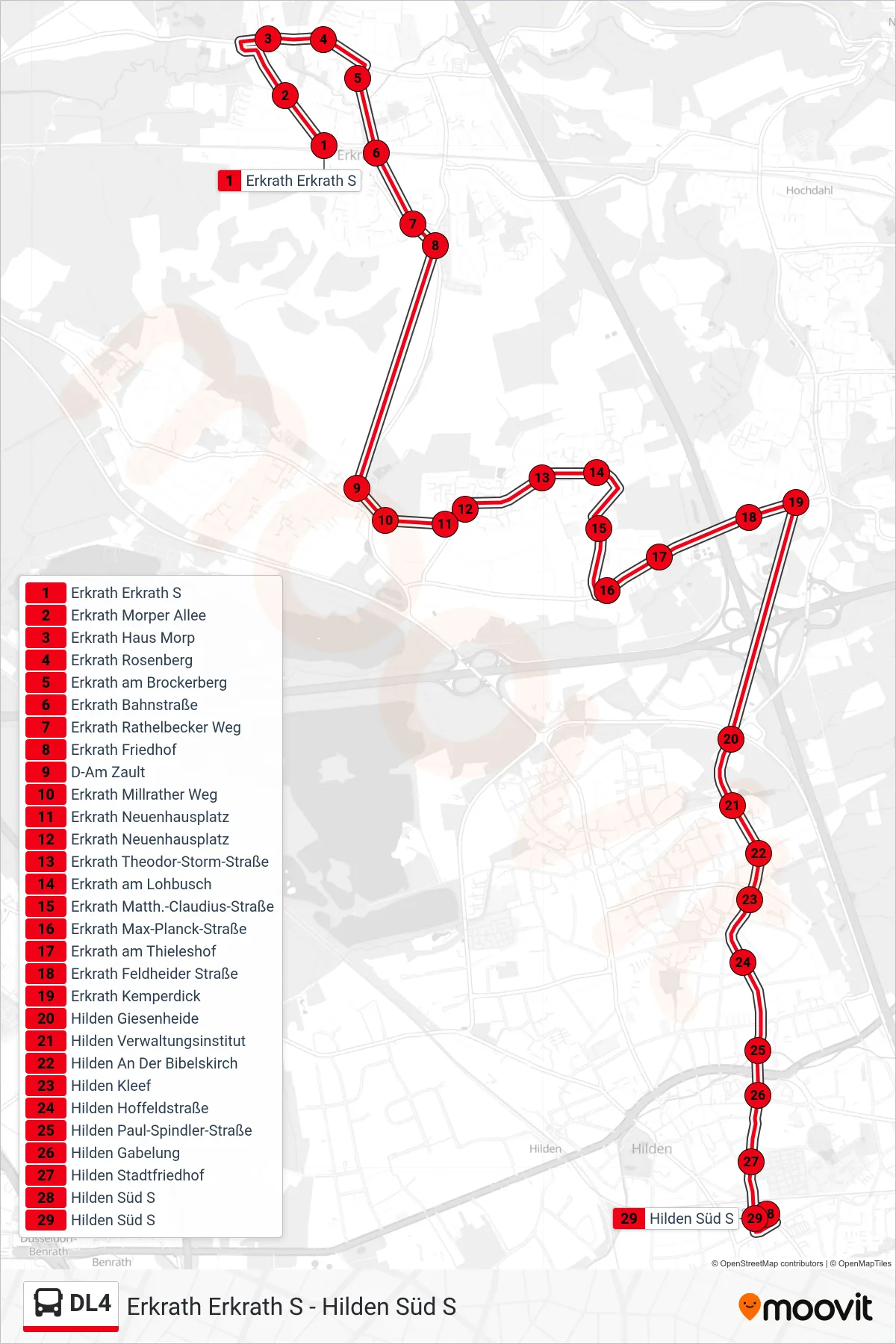 Linie DL4 (Bus) Richtung Hilden Süd S: Route und Haltestellen auf der Karte