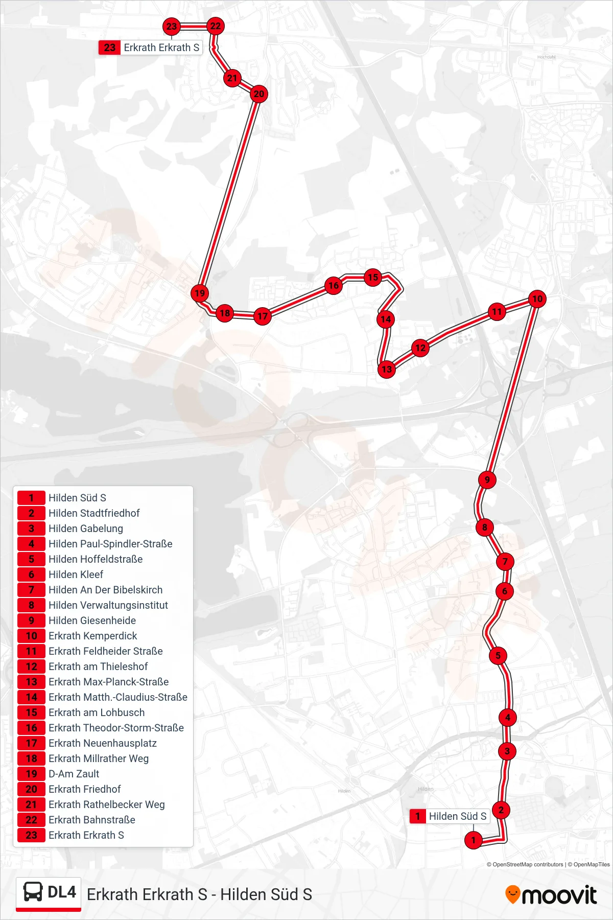 Linie DL4 (Bus) Richtung Erkrath Erkrath S: Route und Haltestellen auf der Karte