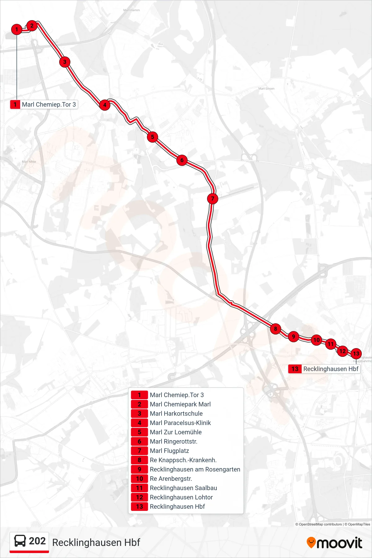Linie 202 (Bus) Richtung Recklinghausen Hbf: Route und Haltestellen auf der Karte