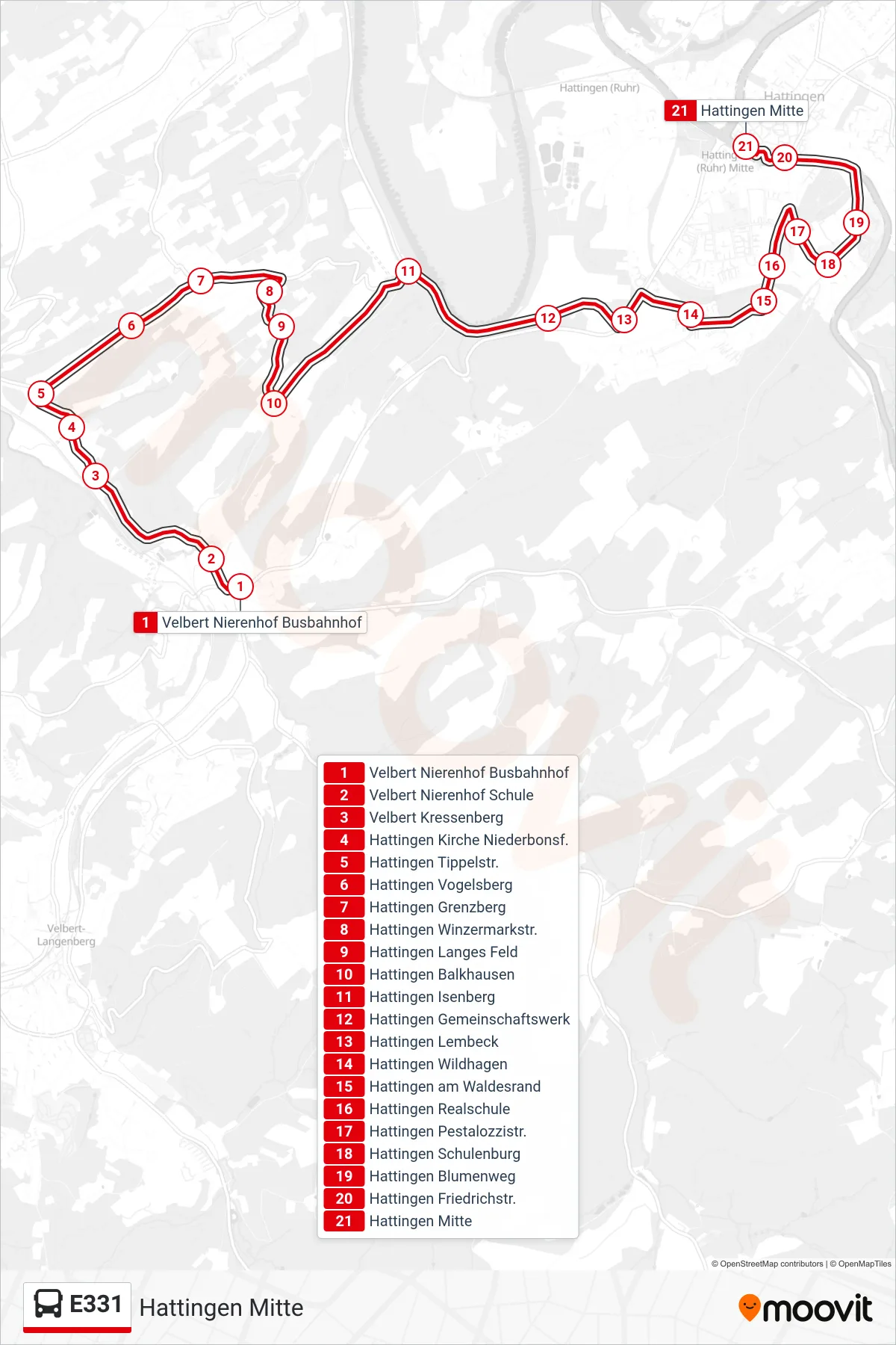 Linie E331 (Bus) Richtung Hattingen Mitte: Route und Haltestellen auf der Karte