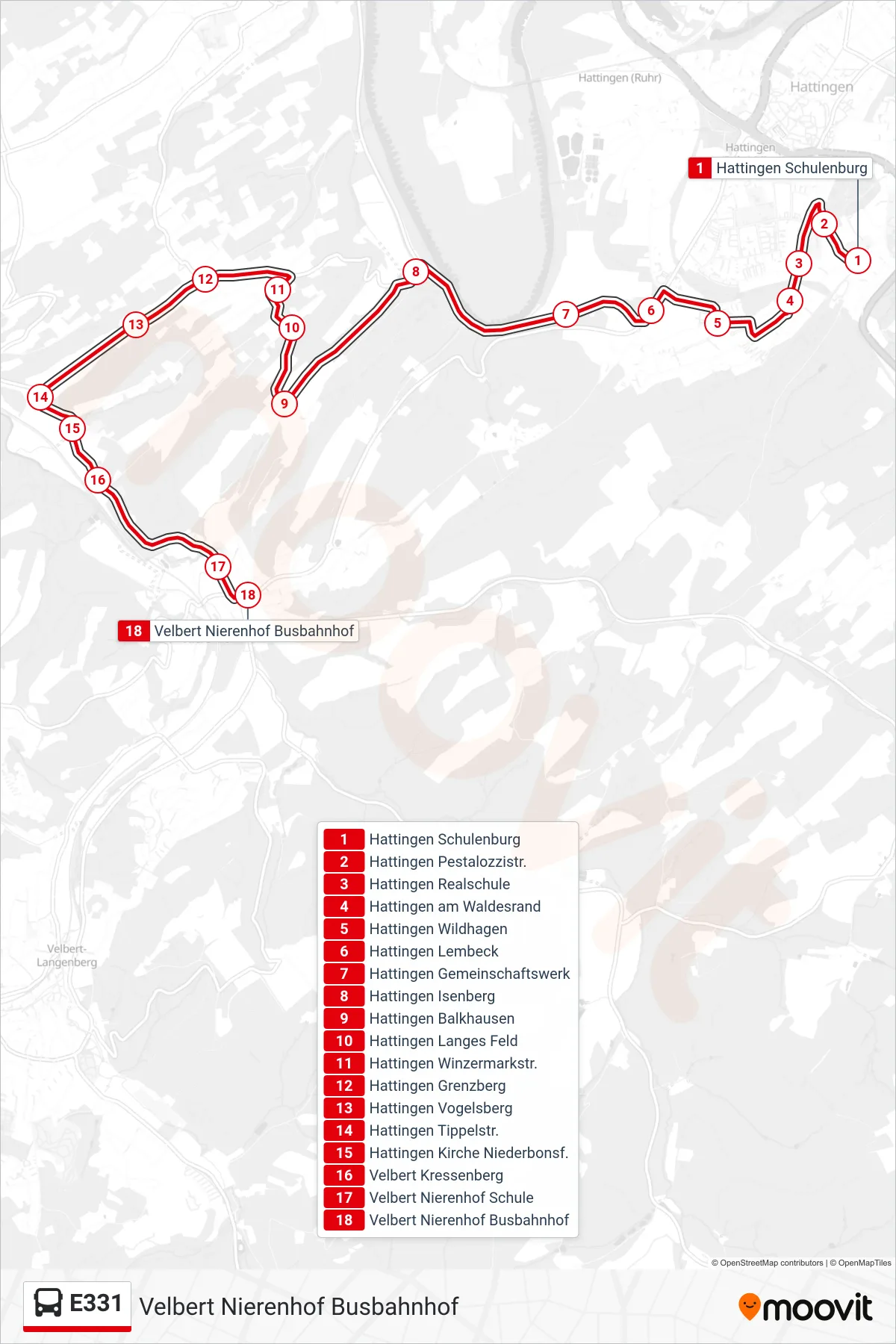 Linie E331 (Bus) Richtung Velbert Nierenhof Busbahnhof: Route und Haltestellen auf der Karte