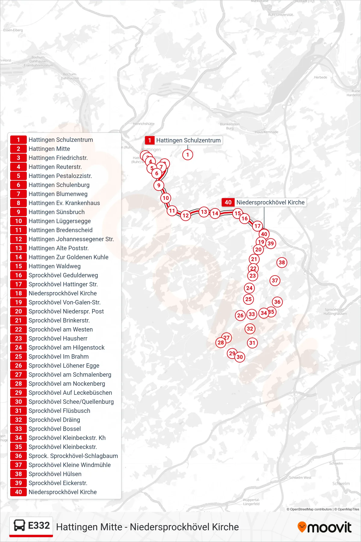 E332 bus Line (Niedersprockhövel Kirche) route and stops on a map