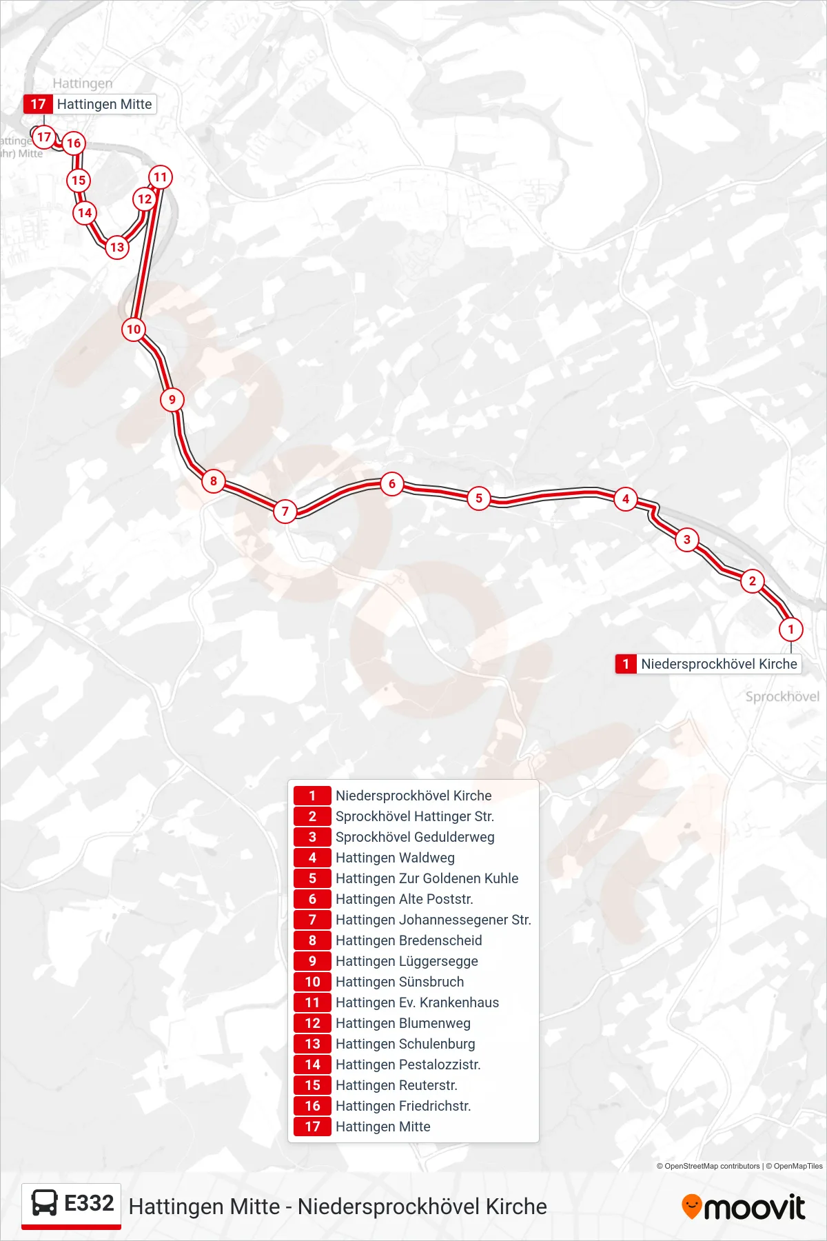 E332 bus Line (Hattingen Mitte) route and stops on a map