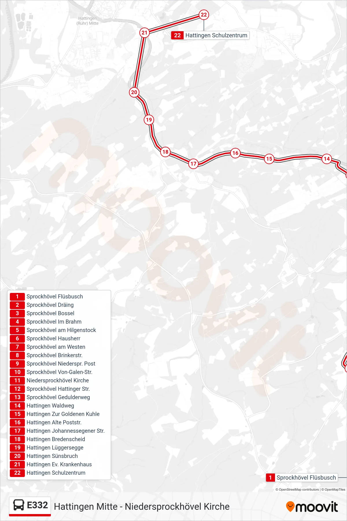 Linie E332 (Bus) Richtung Hattingen Schulzentrum: Route und Haltestellen auf der Karte
