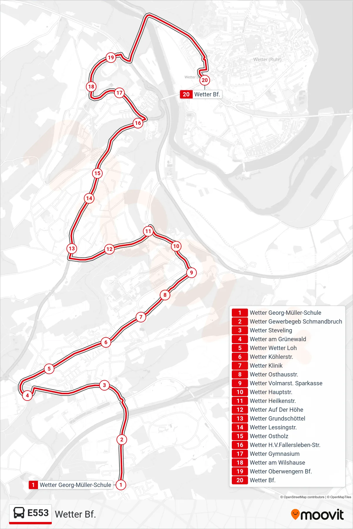 Linie E553 (Bus) Richtung Wetter Bf.: Route und Haltestellen auf der Karte