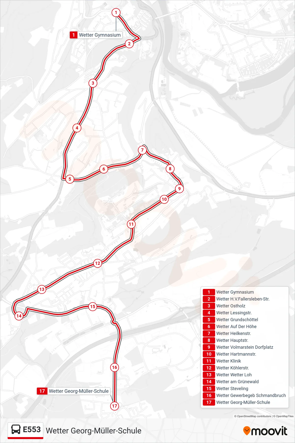 Linie E553 (Bus) Richtung Wetter Georg-Müller-Schule: Route und Haltestellen auf der Karte