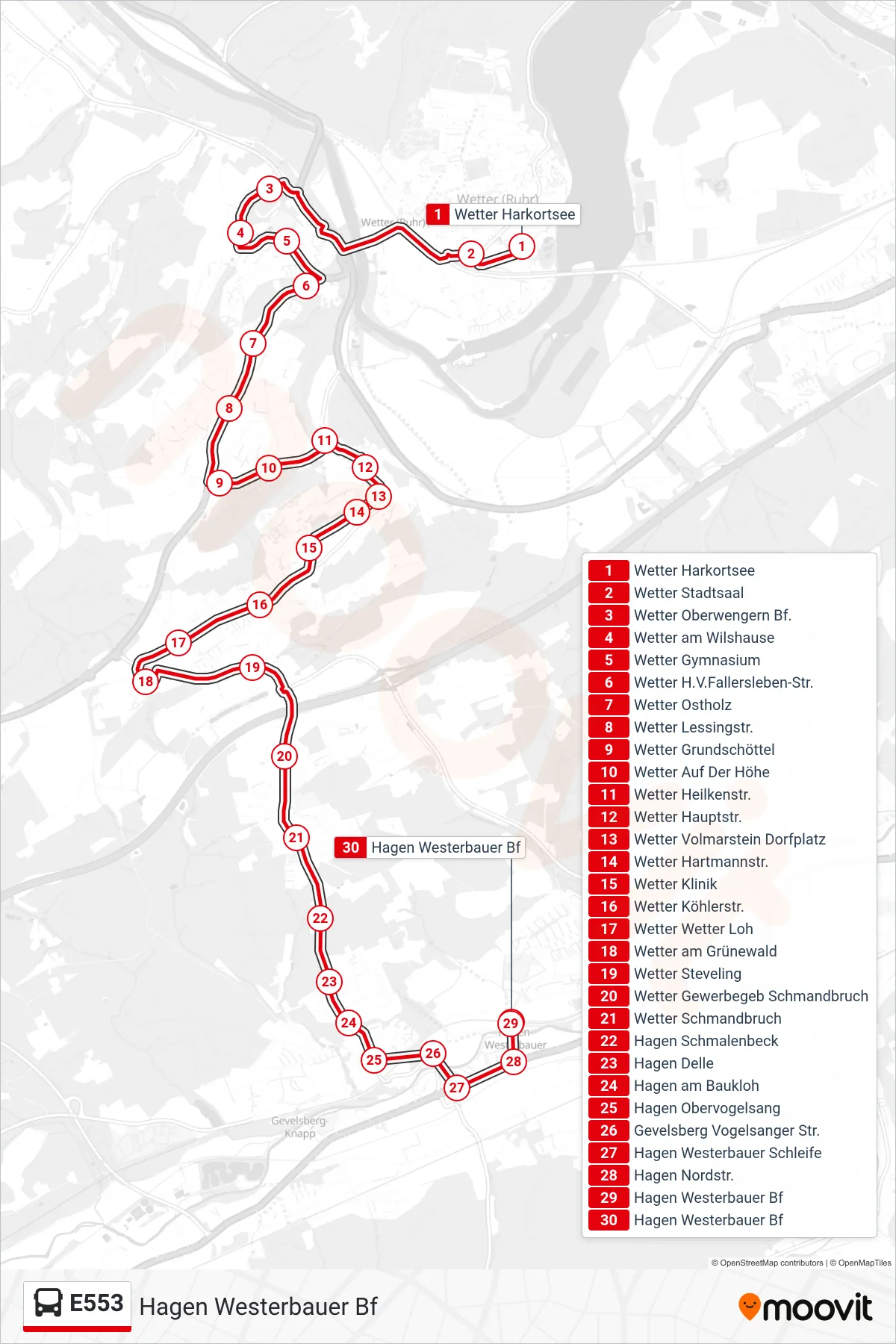 Linie E553 (Bus) Richtung Hagen Westerbauer Bf: Route und Haltestellen auf der Karte