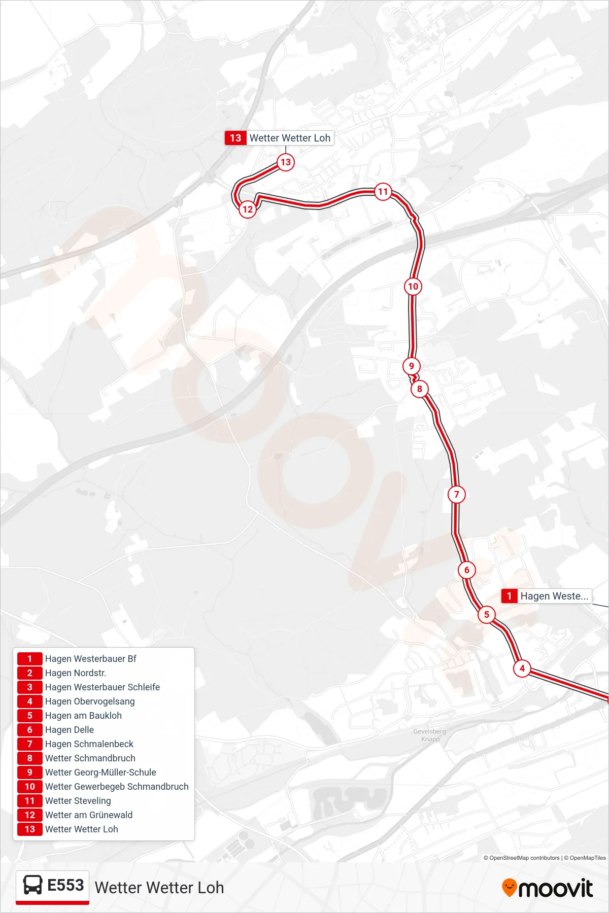 Linie E553 (Bus) Richtung Wetter Wetter Loh: Route und Haltestellen auf der Karte