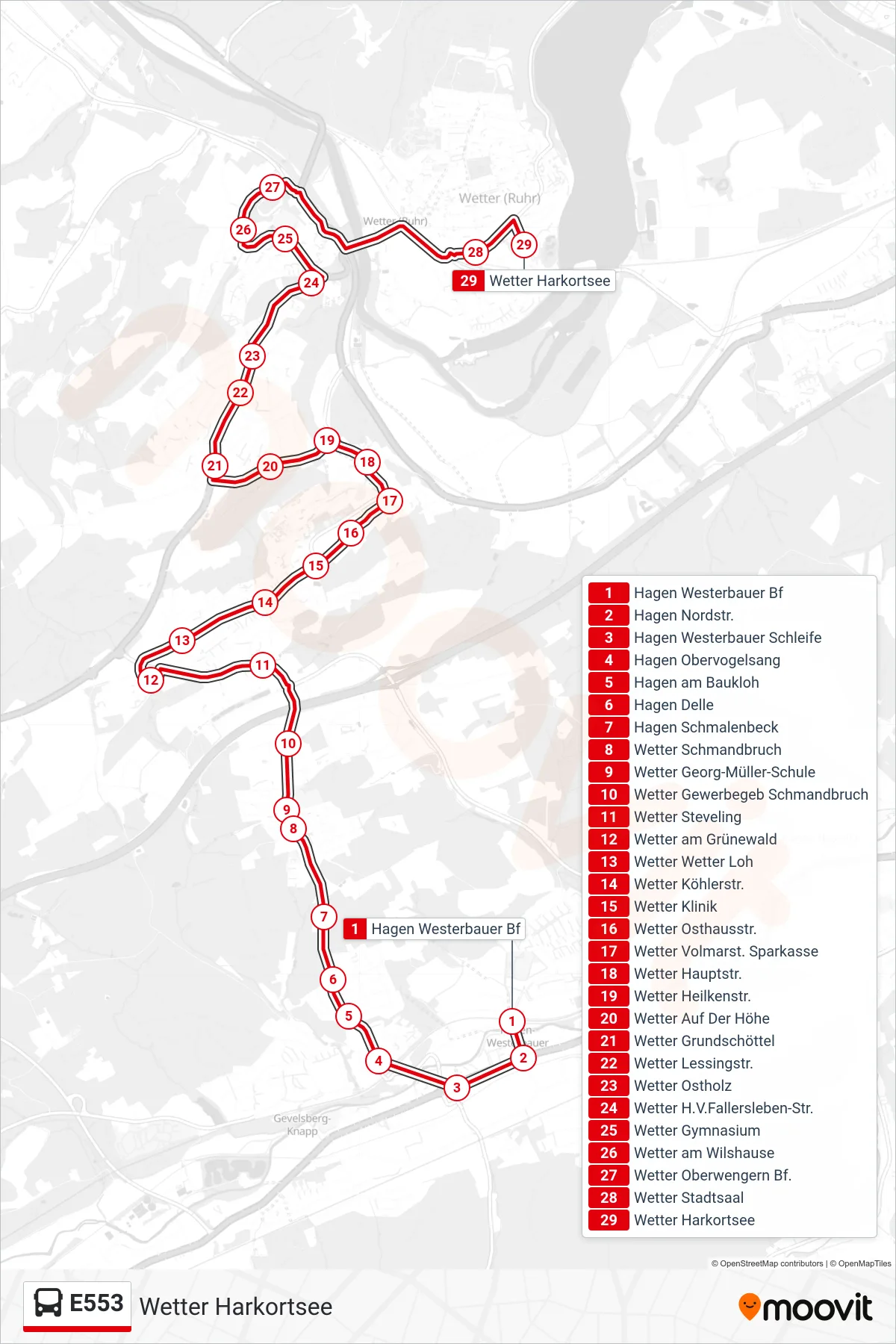Linie E553 (Bus) Richtung Wetter Harkortsee: Route und Haltestellen auf der Karte
