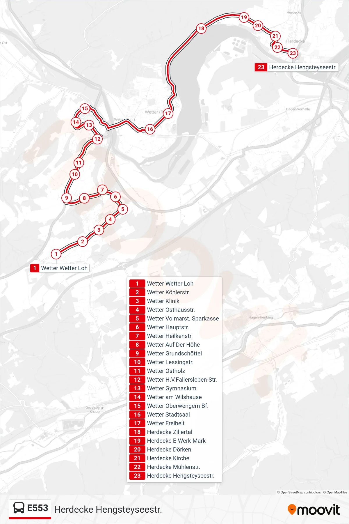 Linie E553 (Bus) Richtung Herdecke Hengsteyseestr.: Route und Haltestellen auf der Karte